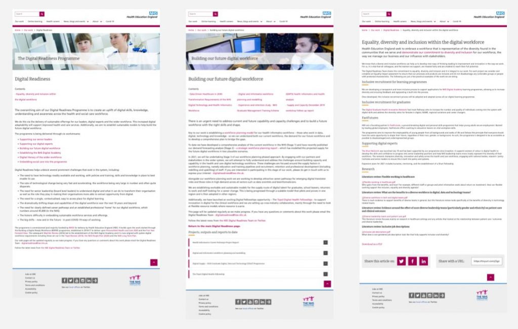 3 screenshots of Digital Readiness web content on the current Health Education England website
