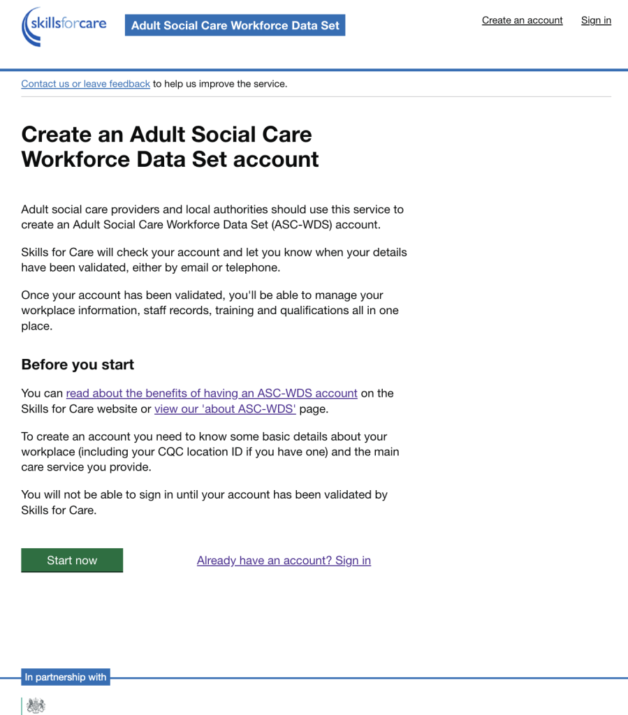 Screenshot of ASC-WDS 'Create an account' page