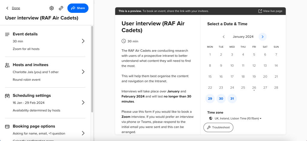 Screenshot of setting up a booking page in Calendly. On the right hand side of the image is a preview of the booking page.