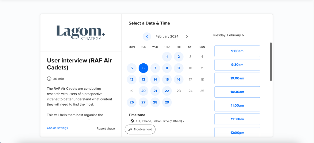Screenshot of a Calendly booking page showing a calendar with available interview slots.