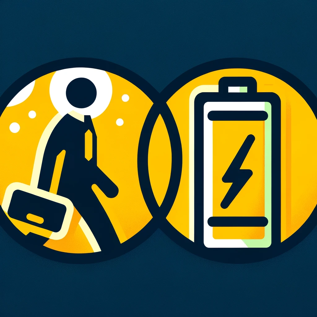 Illustration of an icon of a man walking to work and a fully charged battery icon.